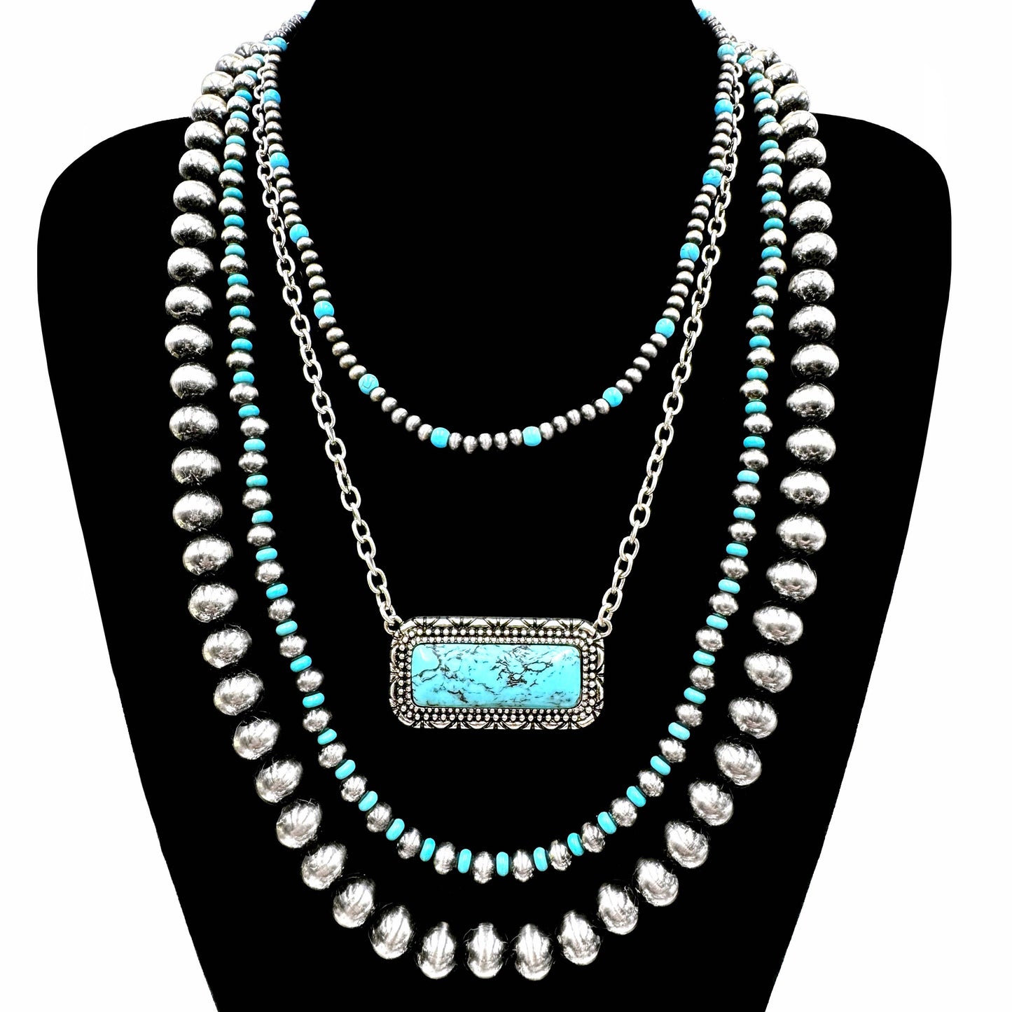 Turquoise Bar Pendant Western Layered Beads Necklace
