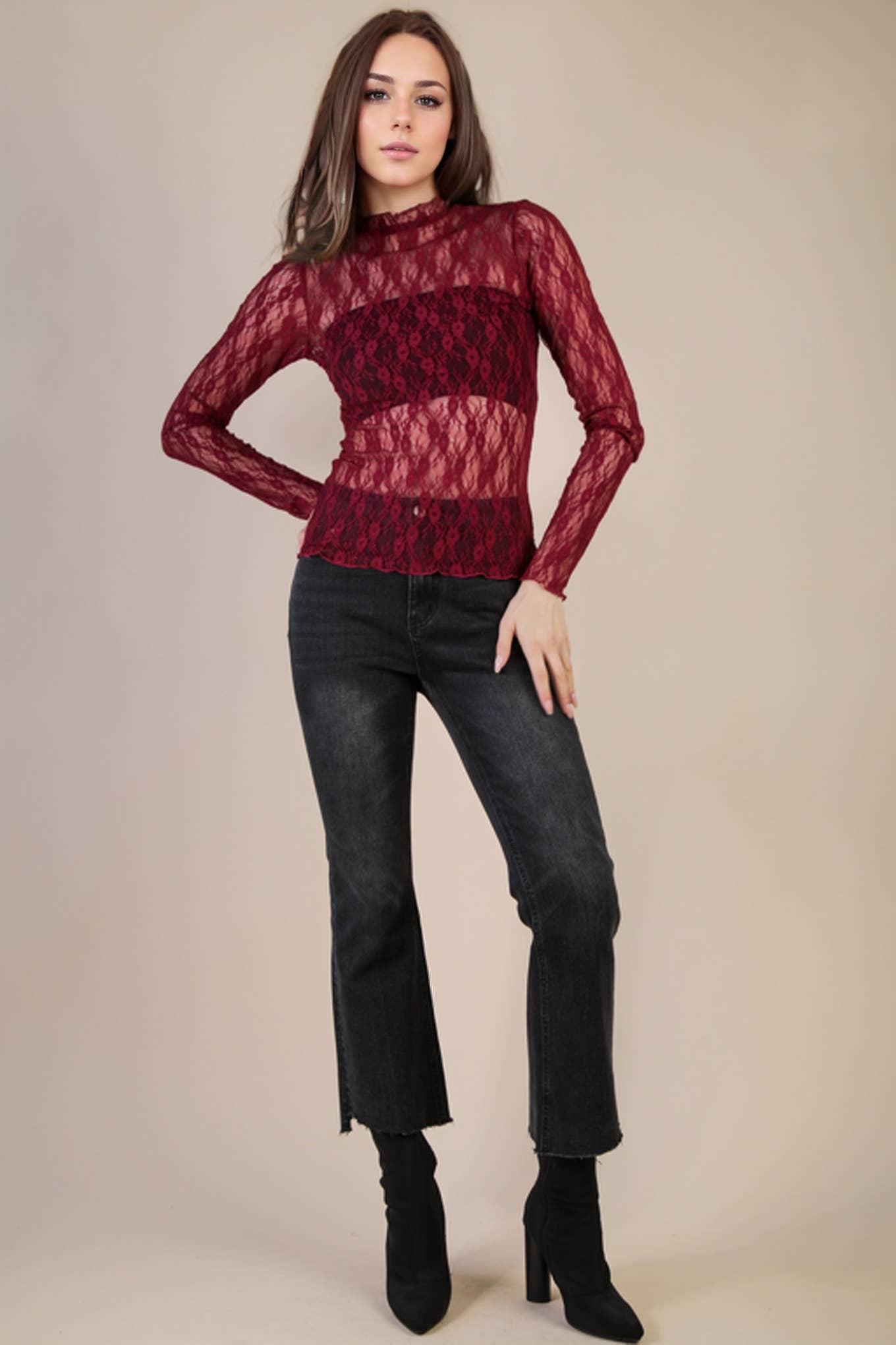 High Neck Sheer Lace Long Sleeve Top