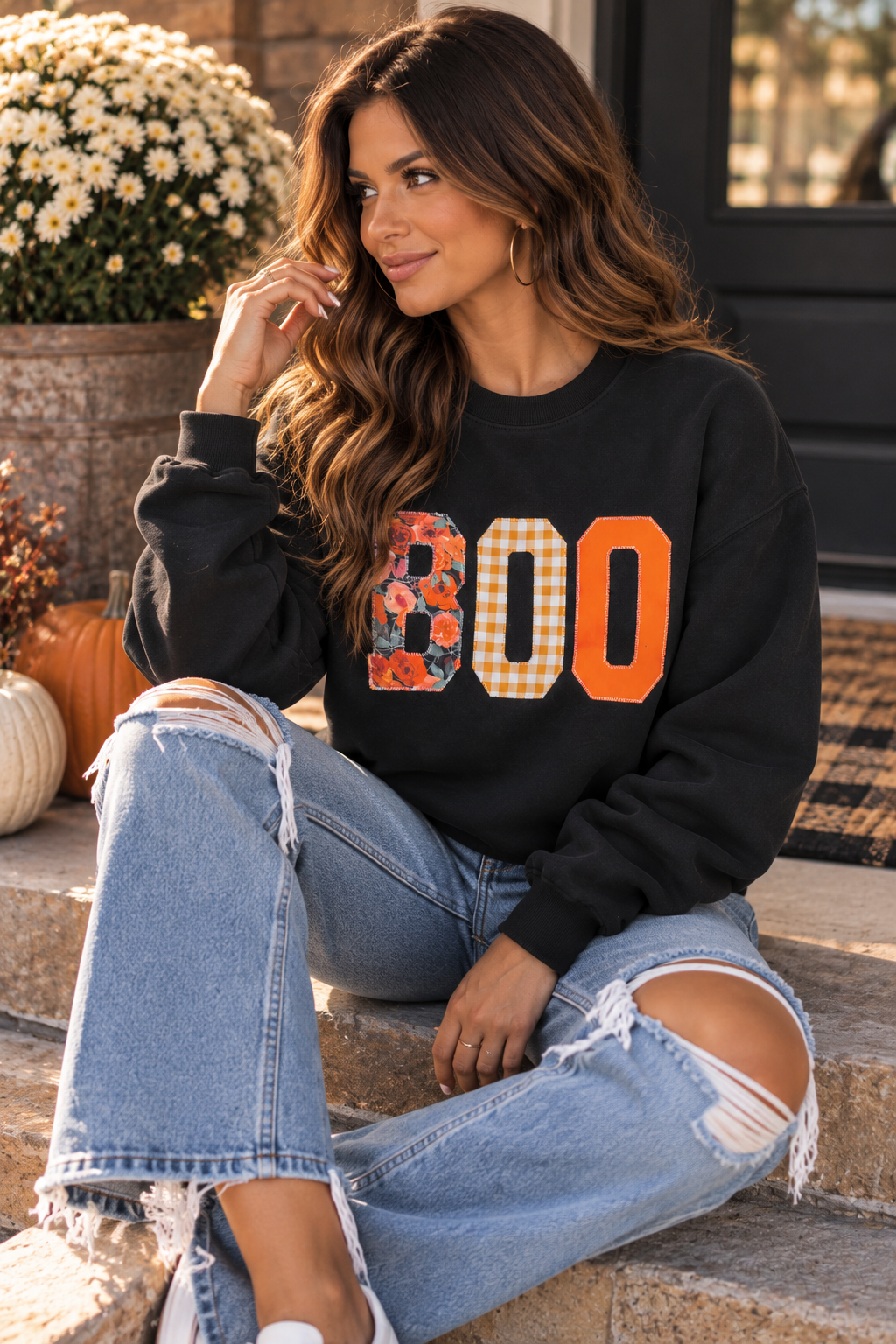 Boo & Boujee Embroidered Patchwork Halloween Sweatshirt