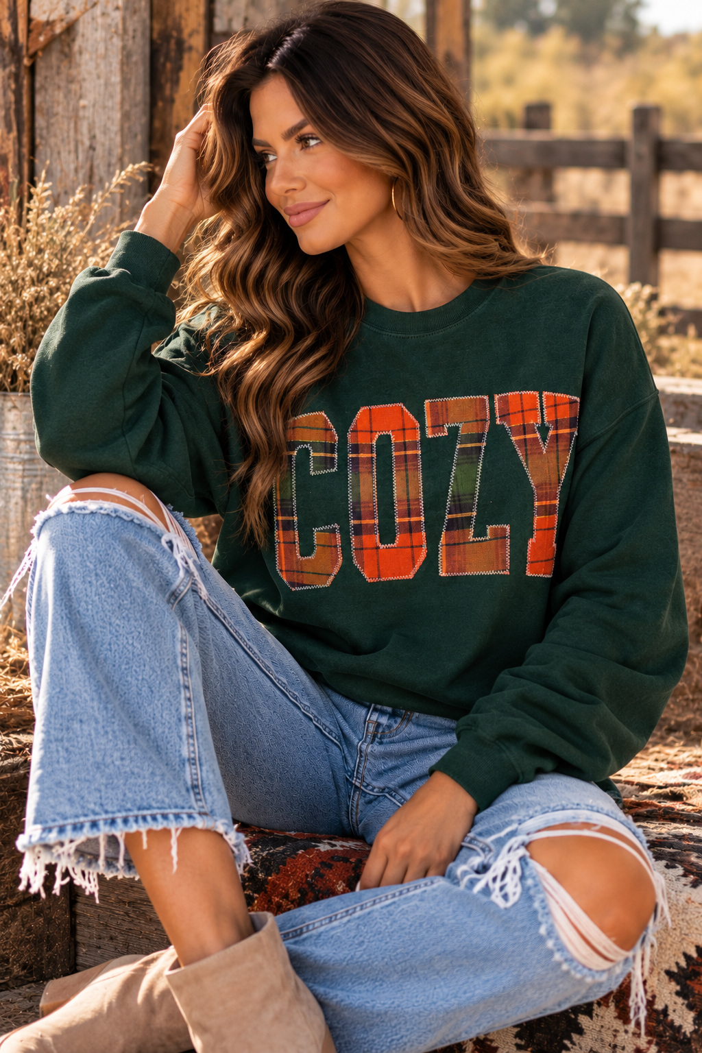 Cozy Season Plaid Patchwork Embroidered Sweatshirt