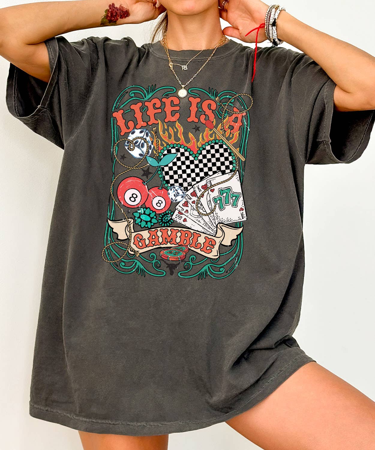 “Life Is A Gamble” Graphic Tee – Vintage Casino Western Oversized T-Shirt