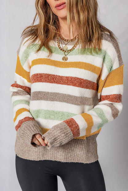 Striped Crew Neck Drop Shoulder Sweater