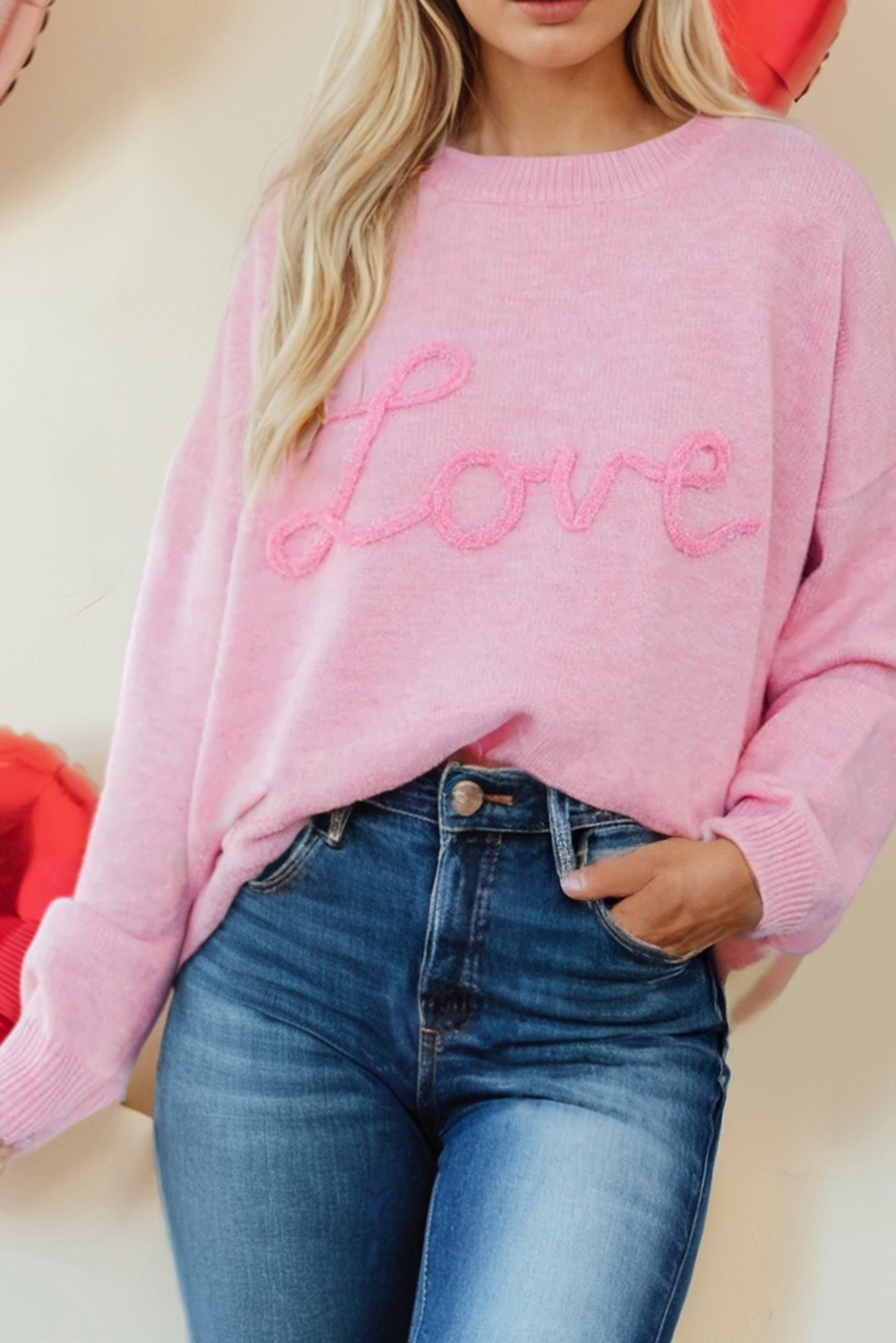 “Love” Textured Valentine’s Sweater – Soft Pink Crewneck