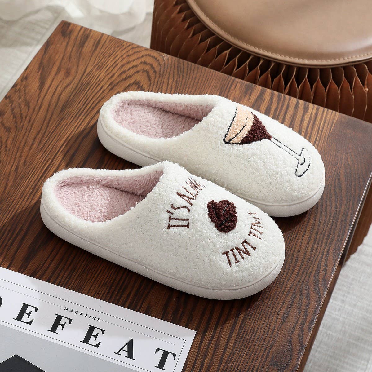 “It’s Always Tini Time” Cozy Cotton Slippers – Soft Plush Martini Slippers
