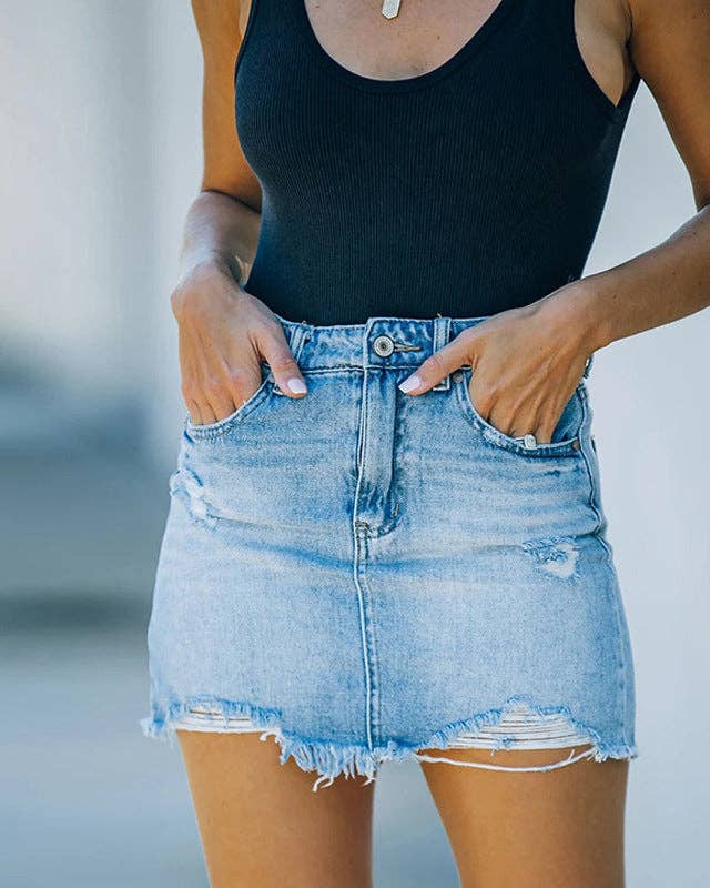 Distressed Raw Hem Denim Mini Skirt – High Waisted Frayed Jean Skirt