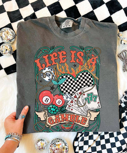 “Life Is A Gamble” Graphic Tee – Vintage Casino Western Oversized T-Shirt
