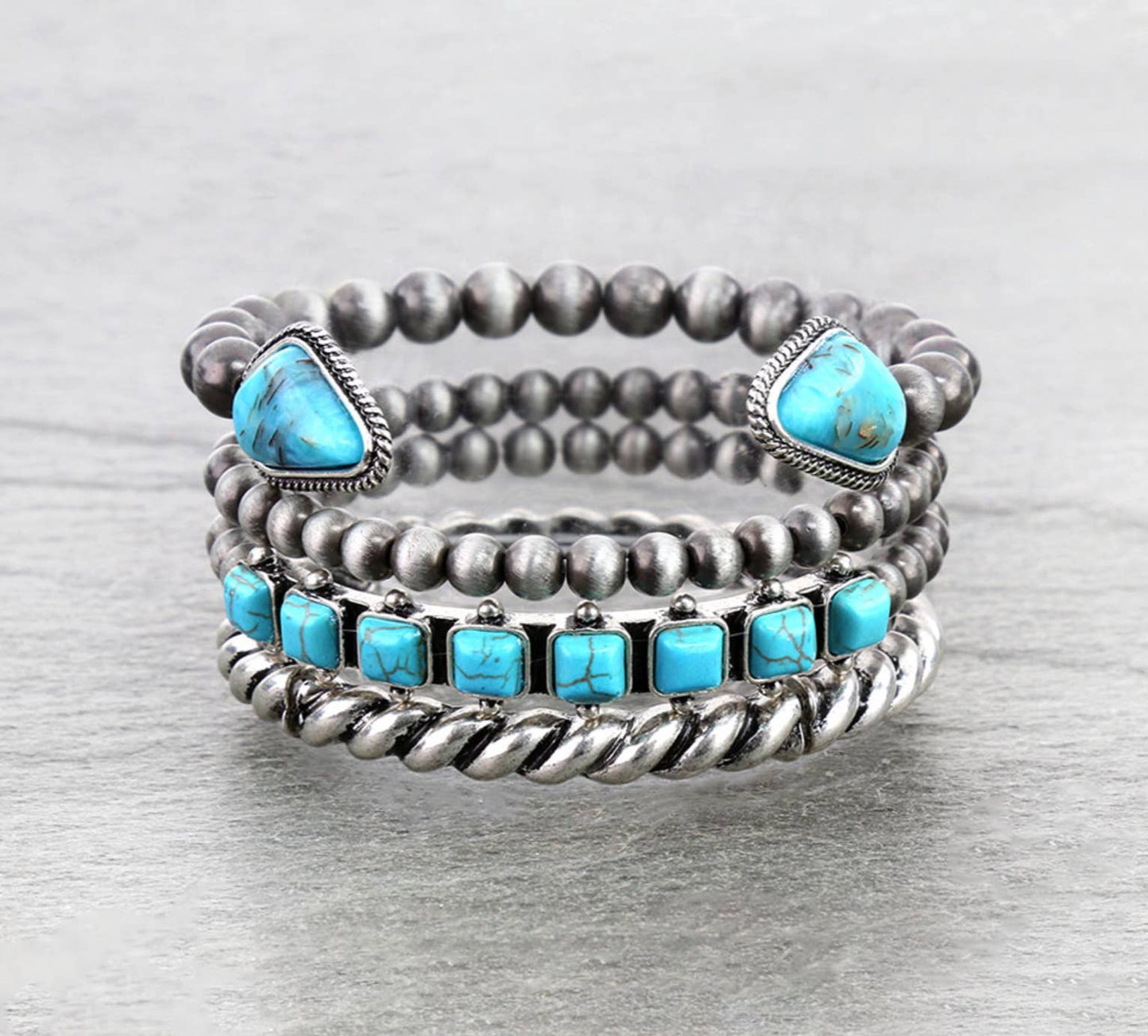 Turquoise and silver-tone western 4-piece stackable bracelet set with beaded, stone and rope-style details