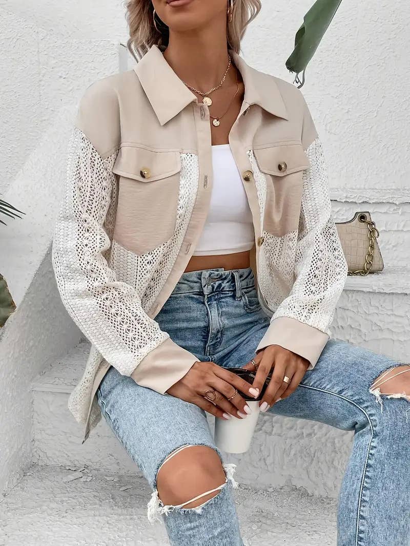Lace Patchwork Oversized Button-Up Shacket