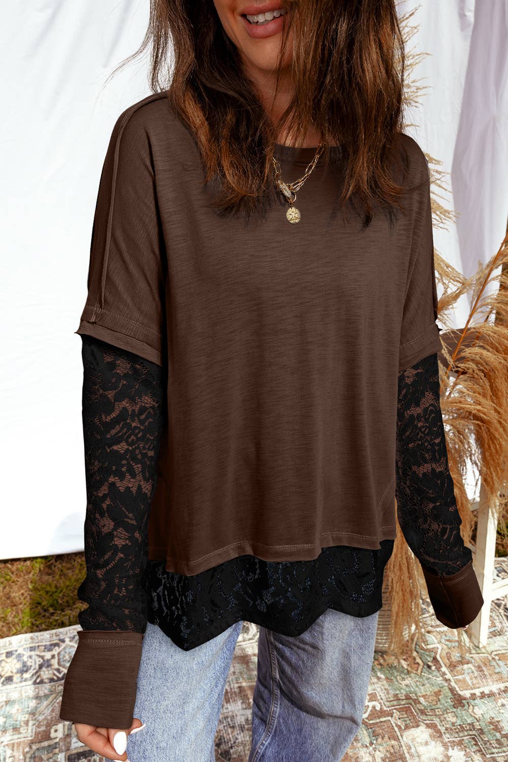 Sheer Lace Patchwork Long Sleeve Tee