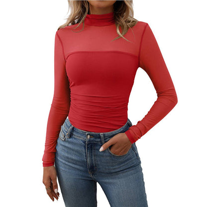 Sheer Half High Neck Long Sleeve Top