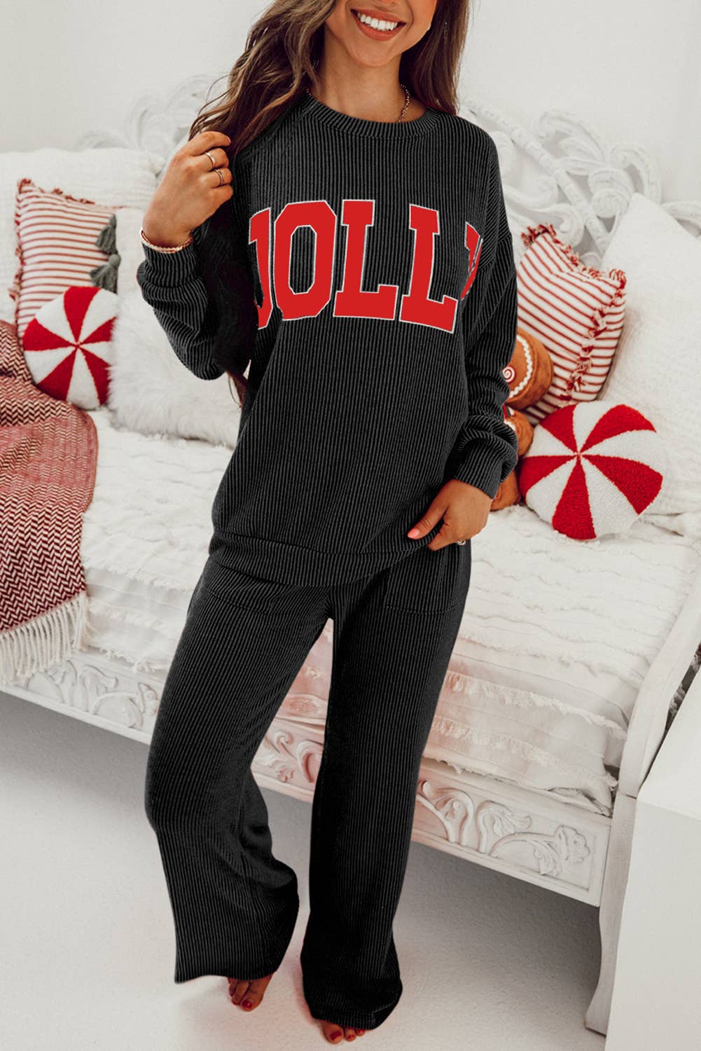 "Jolly/Merry" Black Long Sleeve Top & Matching Pants