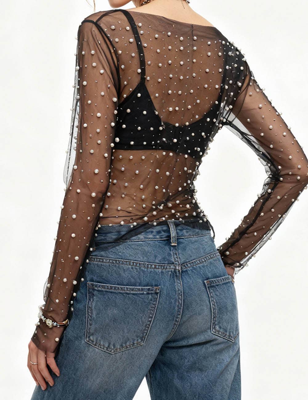 Pearl Rhinestone Sheer Mesh Top – Long Sleeve Studded See Through Blouse
