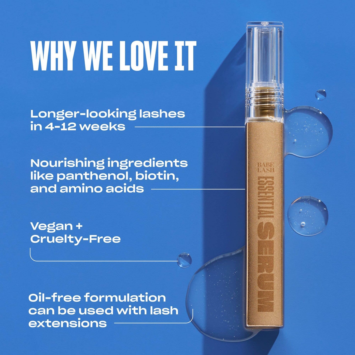 Babe Original Essential Lash Serum 2mL biotin-infused lash serum in blue and black packaging.