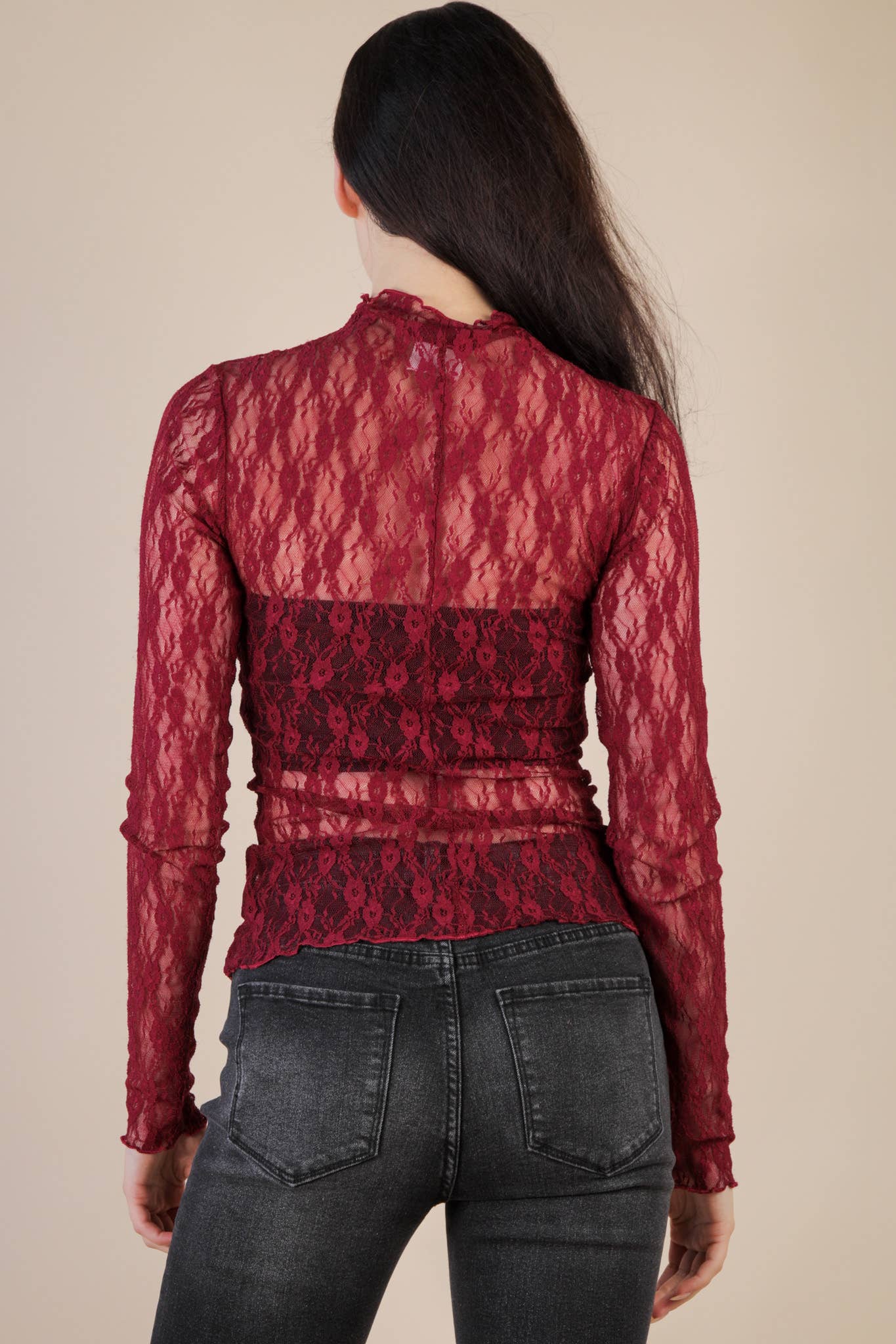 High Neck Sheer Lace Long Sleeve Top