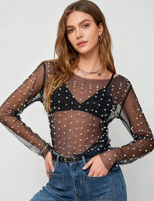 Pearl Rhinestone Sheer Mesh Top – Long Sleeve Studded See Through Blouse