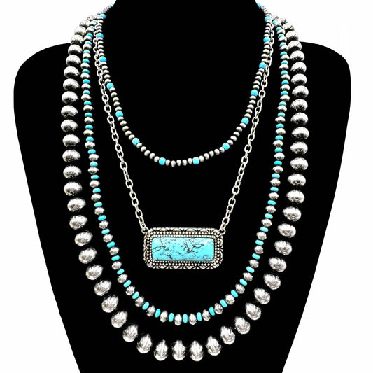 Turquoise Bar Pendant Western Layered Beads Necklace