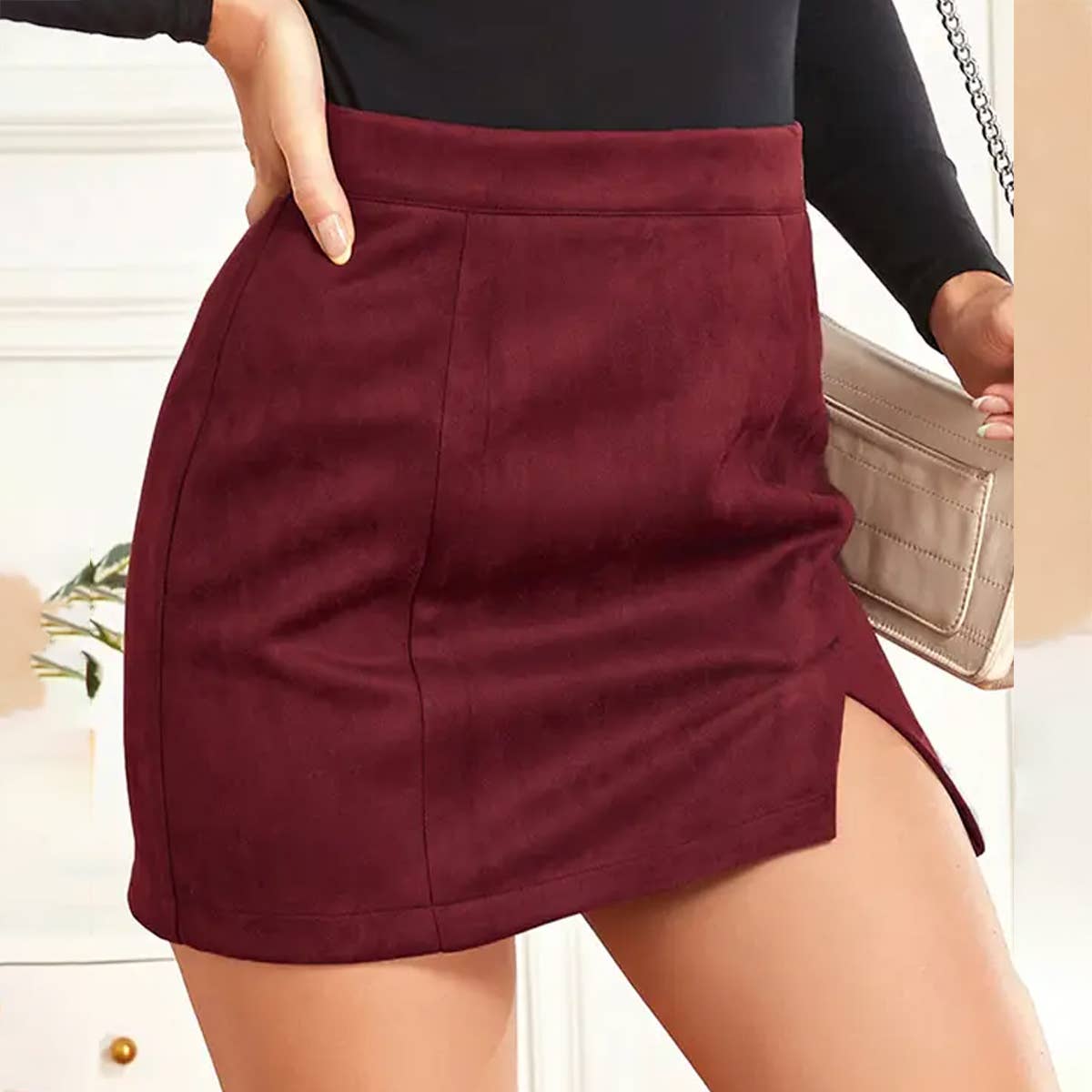Suede High Waist Mini Skirt with Slit