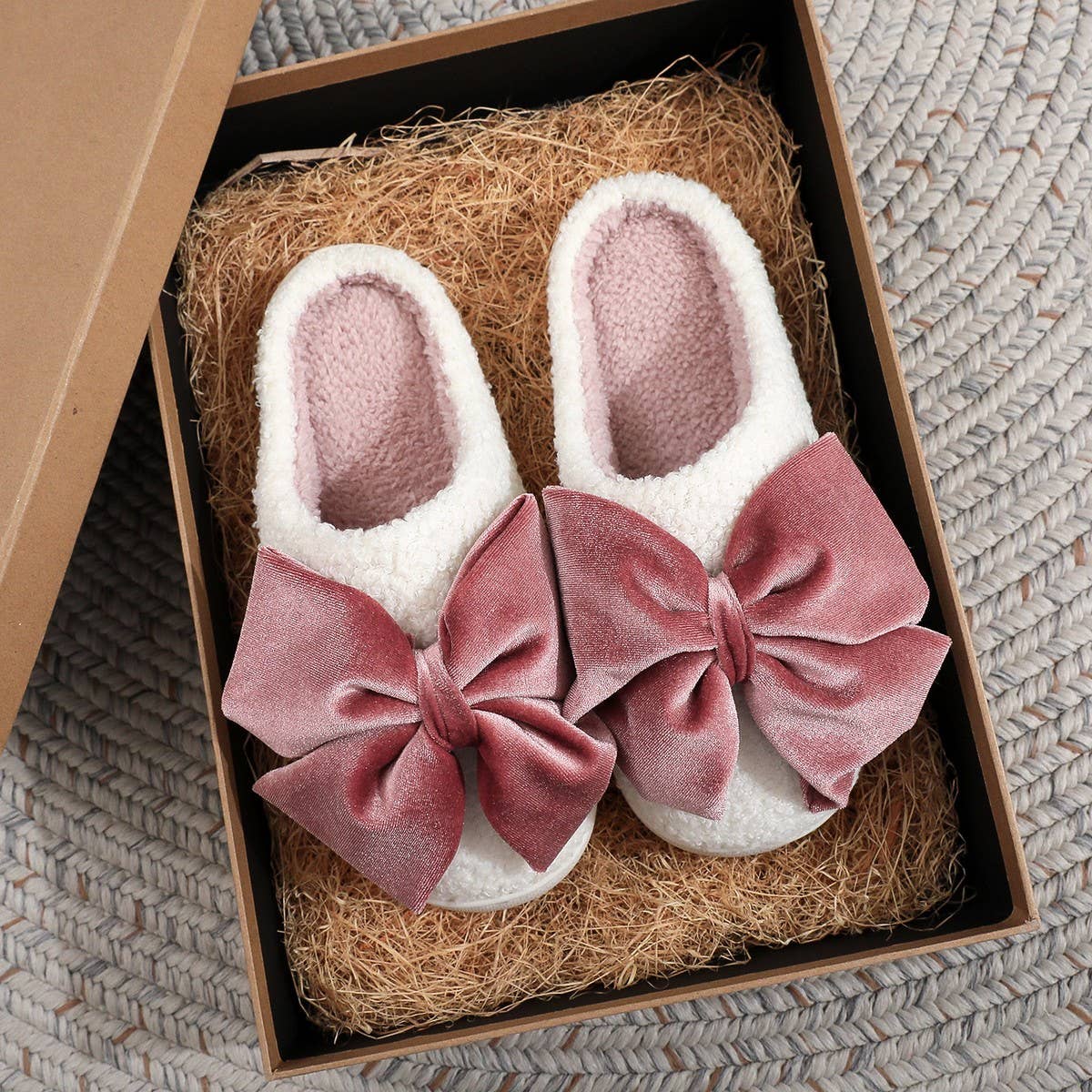 Velvet Bow Cotton Slippers for Women – Cozy Plush Indoor House Shoes