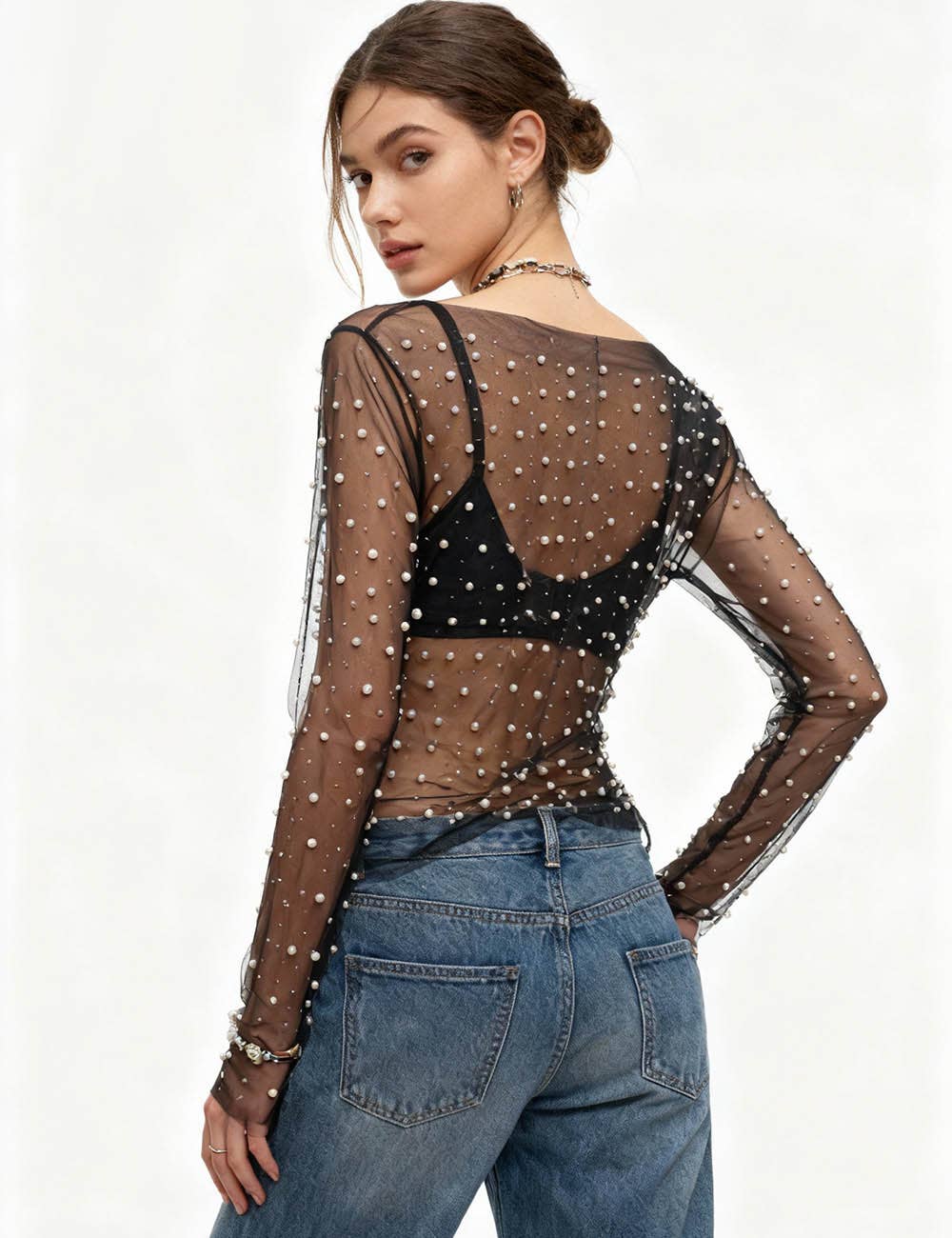 Pearl Rhinestone Sheer Mesh Top – Long Sleeve Studded See Through Blouse
