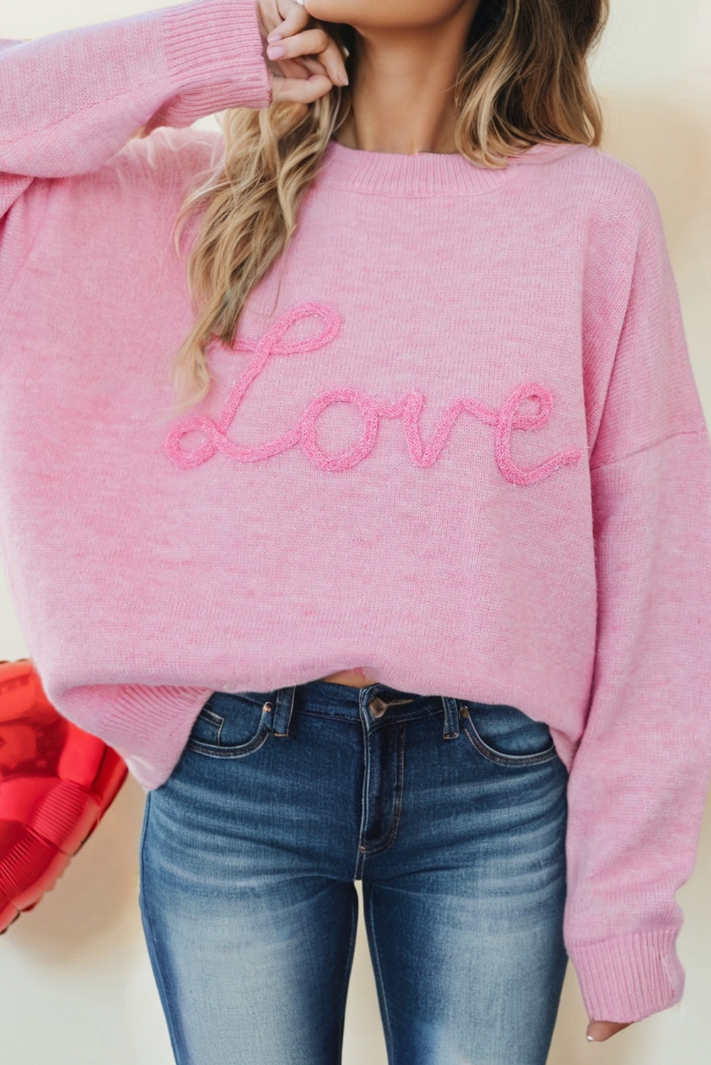 “Love” Textured Valentine’s Sweater – Soft Pink Crewneck