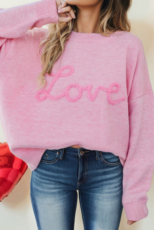 “Love” Textured Valentine’s Sweater – Soft Pink Crewneck