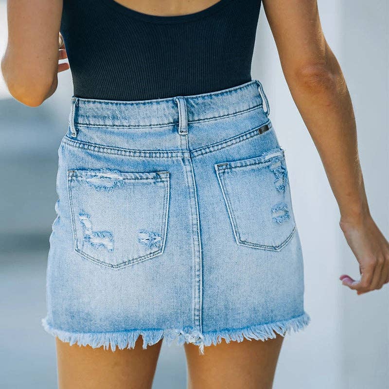 Distressed Raw Hem Denim Mini Skirt – High Waisted Frayed Jean Skirt