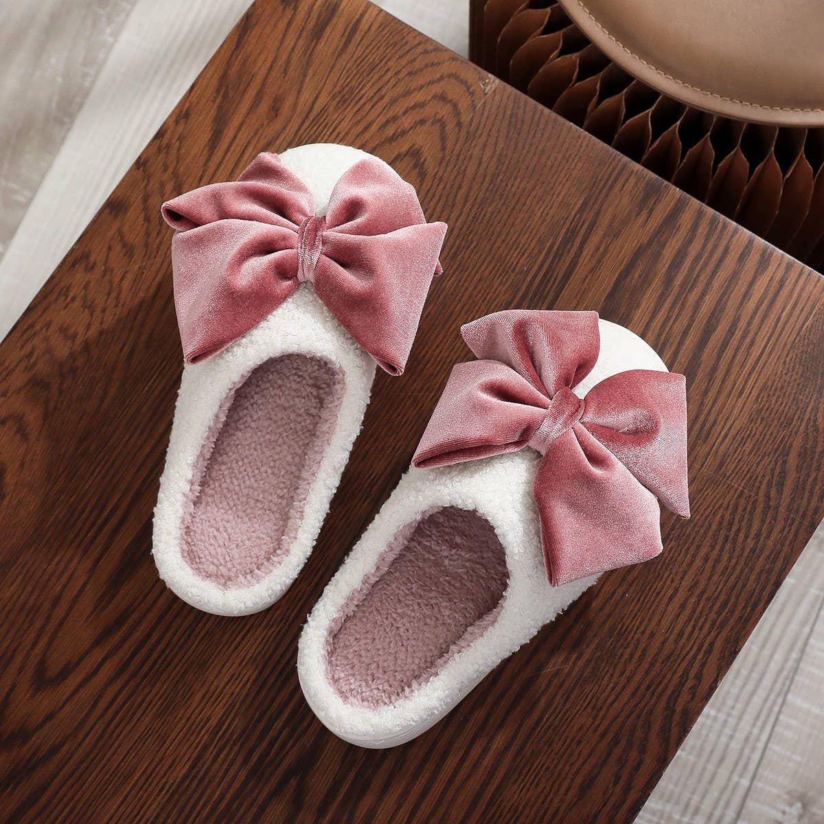 Velvet Bow Cotton Slippers for Women – Cozy Plush Indoor House Shoes