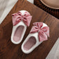 Velvet Bow Cotton Slippers for Women – Cozy Plush Indoor House Shoes