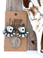Turquoise western drop earrings featuring playing card designs and turquoise-inspired stone accents displayed on a rustic heart-shaped tray