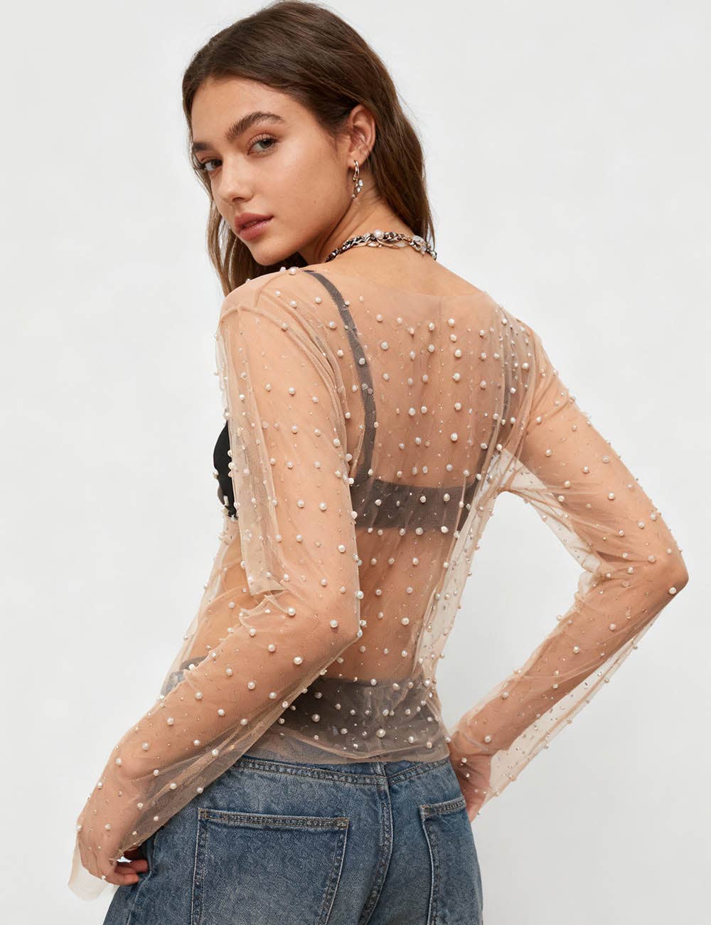 Pearl Rhinestone Sheer Mesh Top – Long Sleeve Studded See Through Blouse