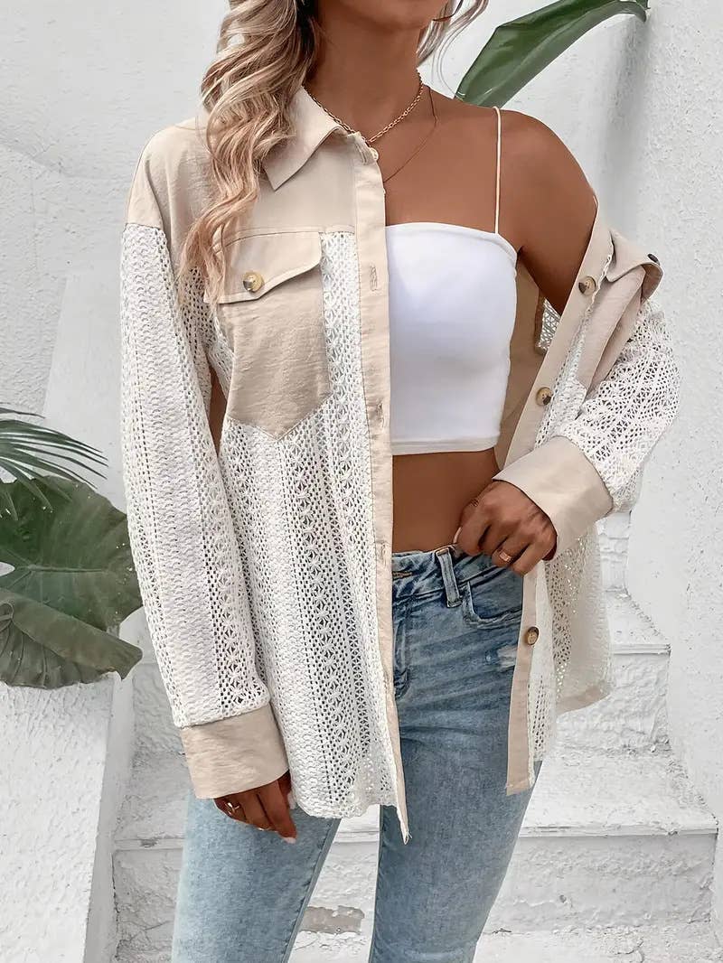 Lace Patchwork Oversized Button-Up Shacket