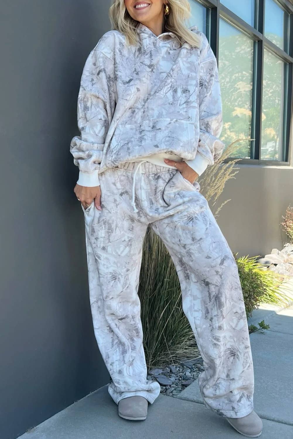 Neutral Camo Hoodie & Wide Leg Pant Set – Cozy Relaxed Fit Loungewear (Sold Separately)