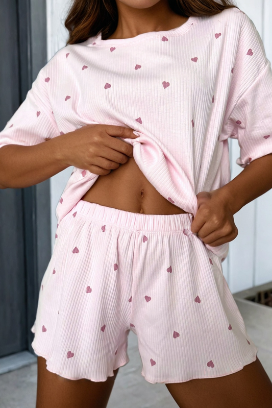 Ribbed Knit Heart Lounge Tee & Shorts – Cozy Valentine Lounge Set
