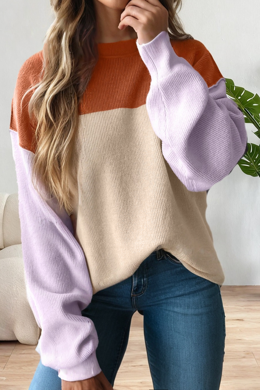 Color Block Crewneck Sweater – Soft Knit Long Sleeve Pullover