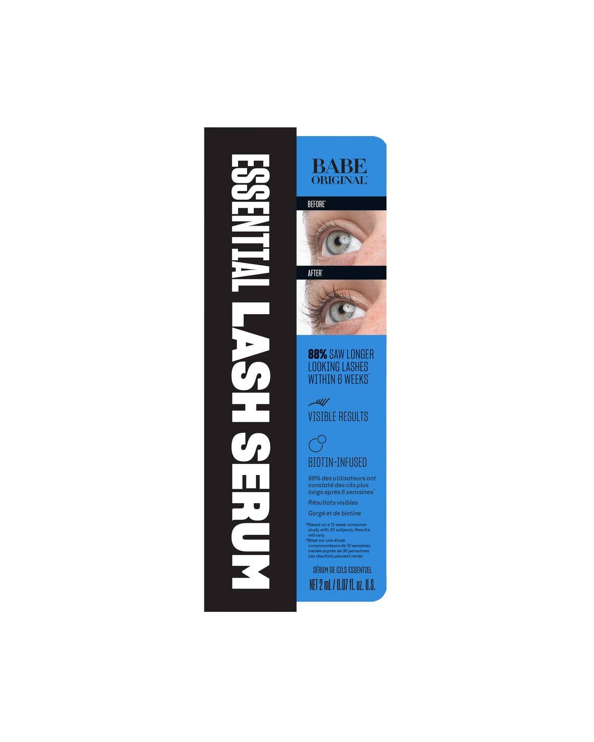 Babe Original Essential Lash Serum 2mL biotin-infused lash serum in blue and black packaging.