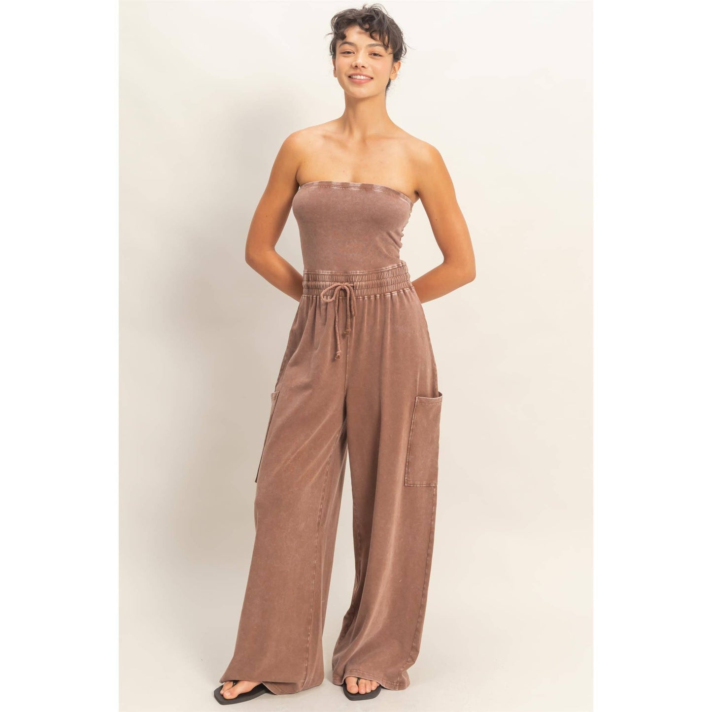 Mineral Wash Strapless Wide Leg Jumpsuit – Relaxed Fit Tube Top Jumpsuit
