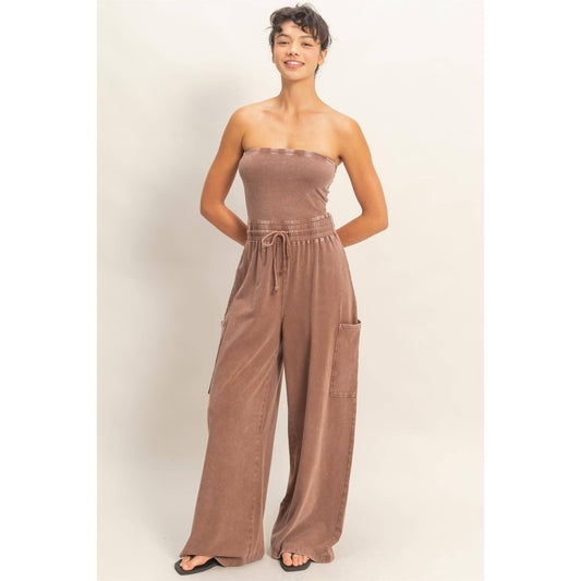 Mineral Wash Strapless Wide Leg Jumpsuit – Relaxed Fit Tube Top Jumpsuit