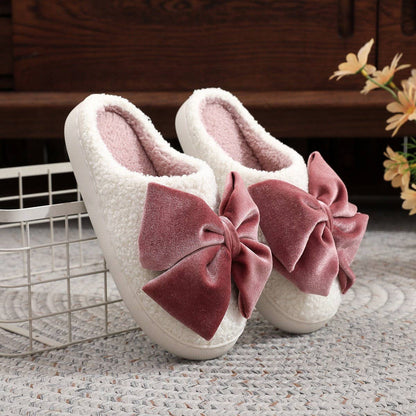 Velvet Bow Cotton Slippers for Women – Cozy Plush Indoor House Shoes