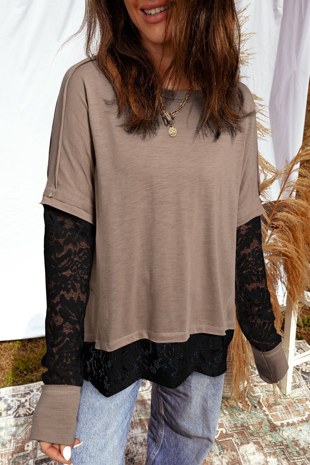 Sheer Lace Patchwork Long Sleeve Tee