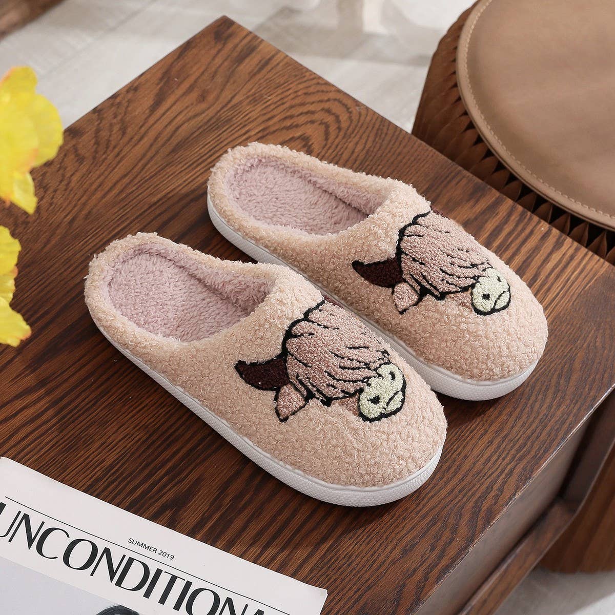 Highland Cow Cotton Slippers for Women – Cozy Plush Farmhouse House Shoes