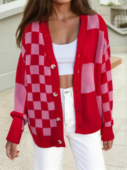 Plaid Relaxed Cardigan – Cozy Button Front Knit Sweater in Red & Pink