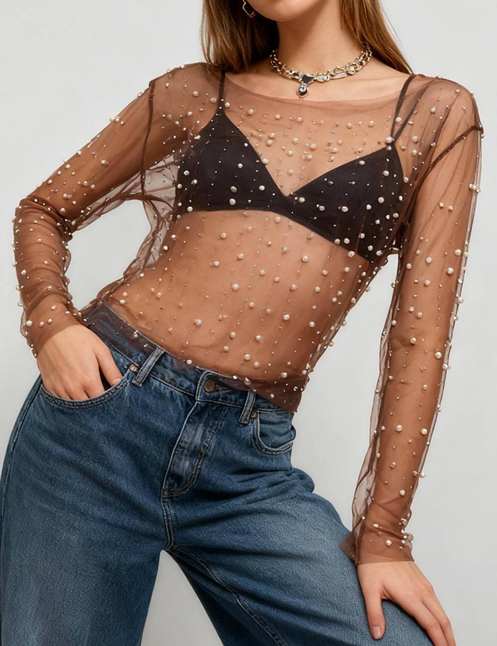 Pearl Rhinestone Sheer Mesh Top – Long Sleeve Studded See Through Blouse
