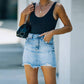 Distressed Raw Hem Denim Mini Skirt – High Waisted Frayed Jean Skirt