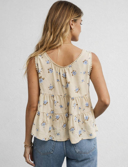 Boho Floral Tie Front Top – Sleeveless Ruffle Babydoll Blouse