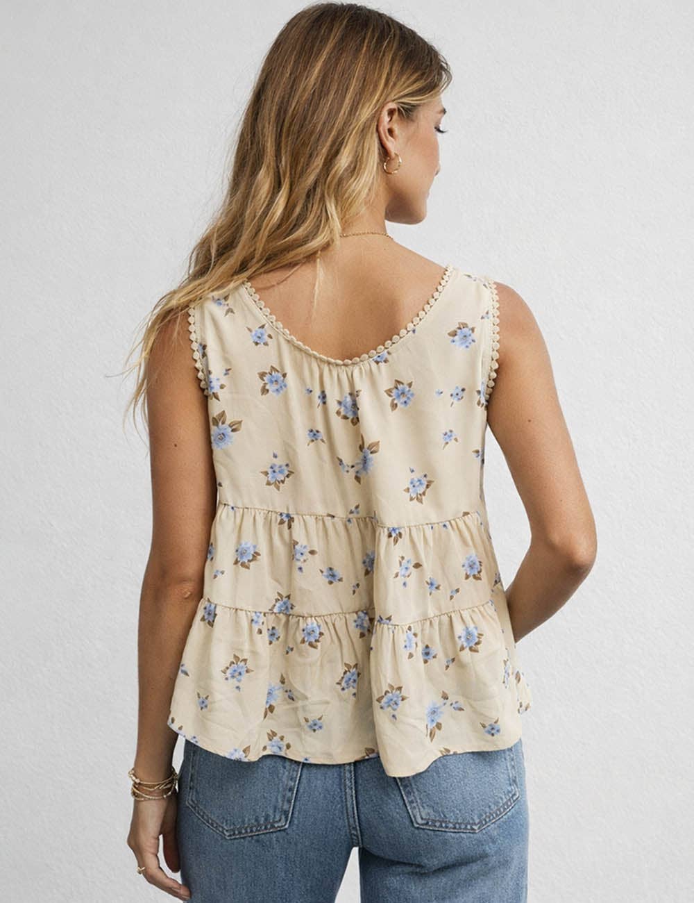 Boho Floral Tie Front Top – Sleeveless Ruffle Babydoll Blouse