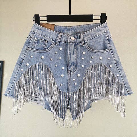 Midnight Rodeo Rhinestone Fringe Denim Shorts