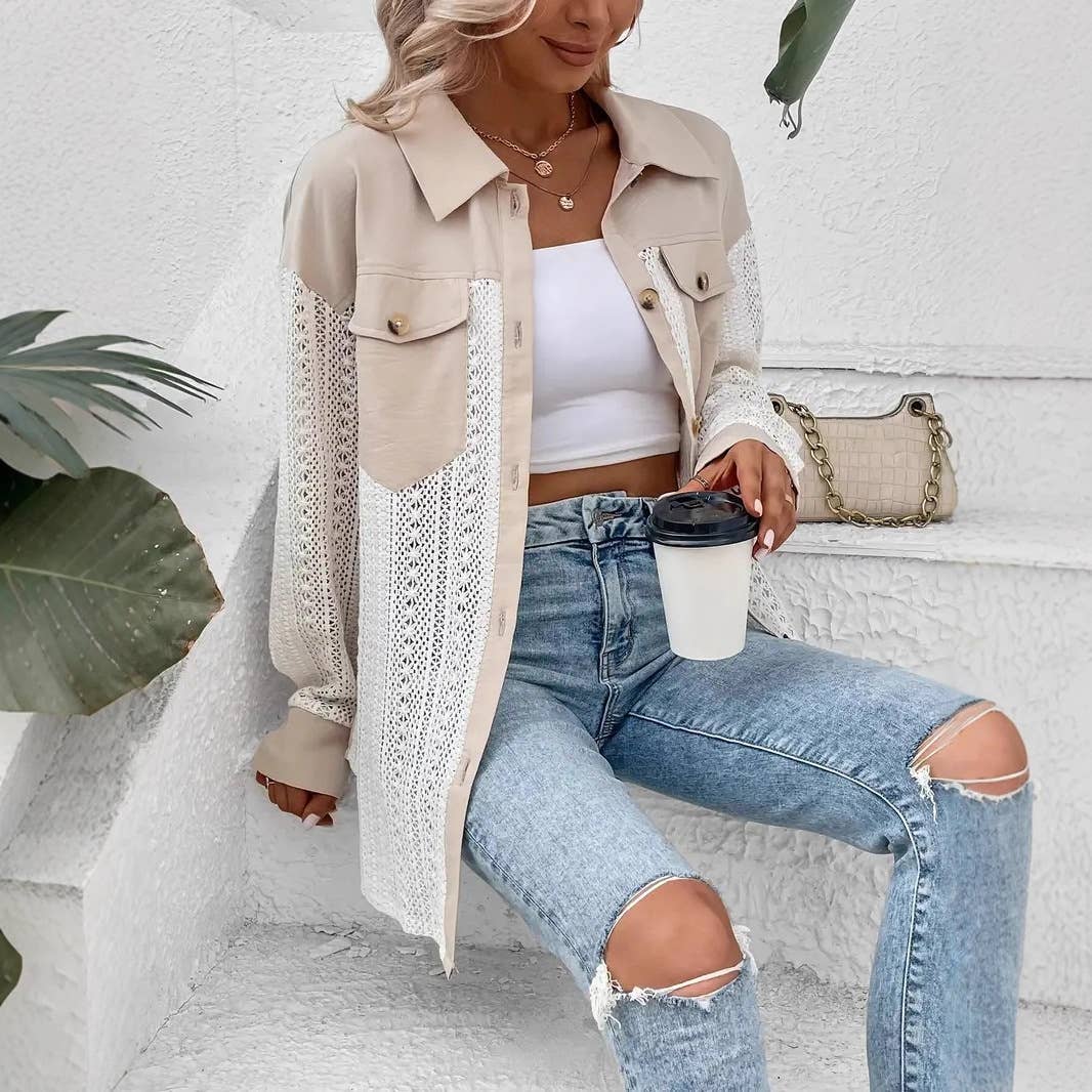 Lace Patchwork Oversized Button-Up Shacket