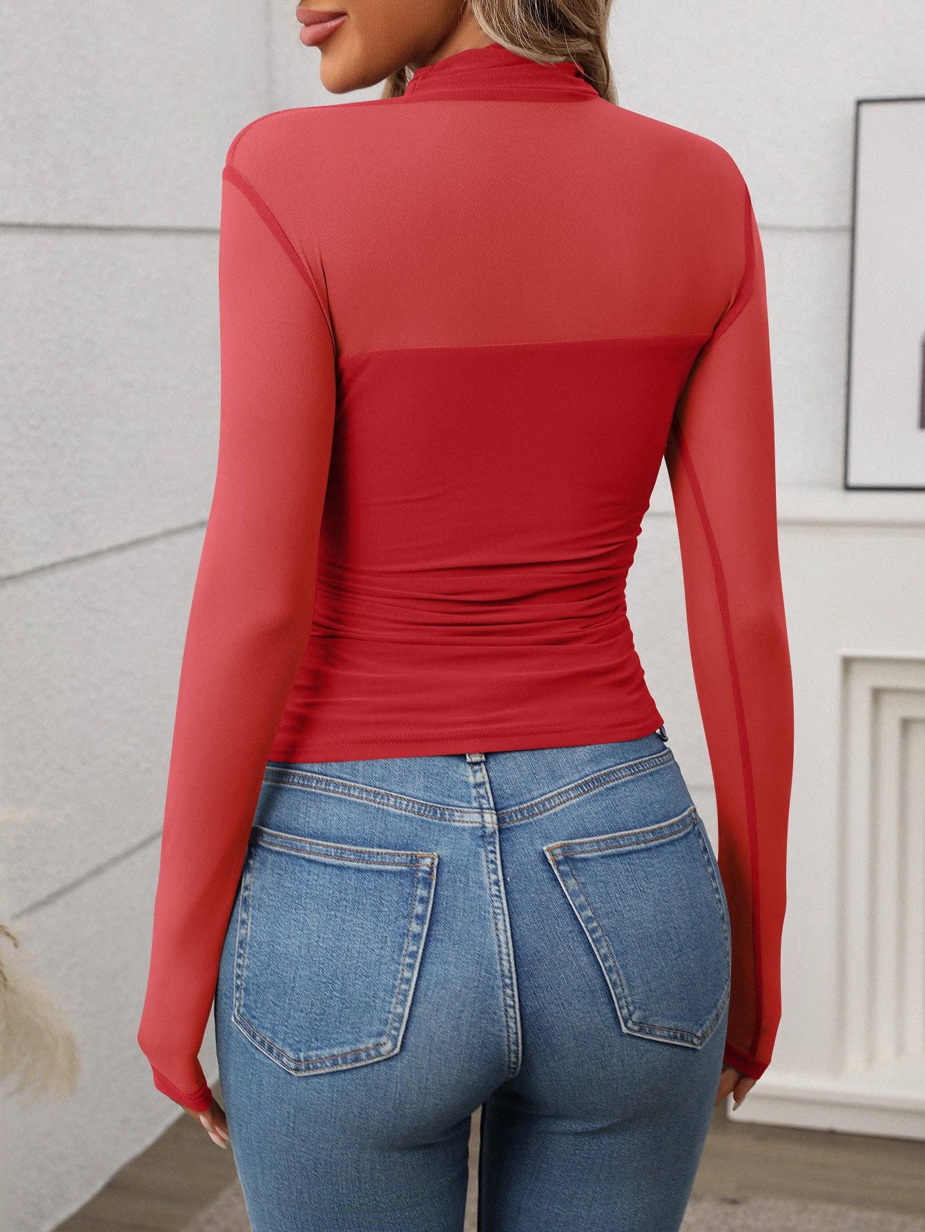 Sheer Half High Neck Long Sleeve Top