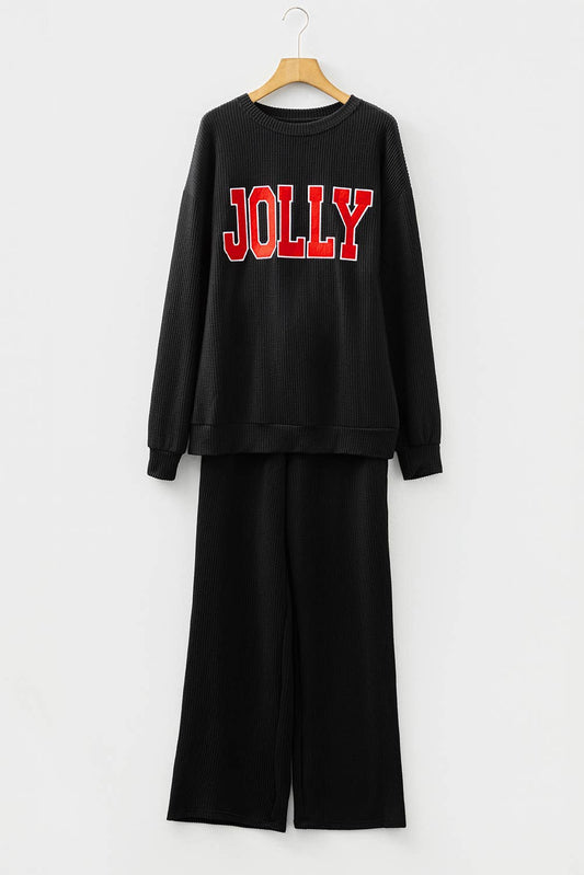 "Jolly/Merry" Black Long Sleeve Top & Matching Pants