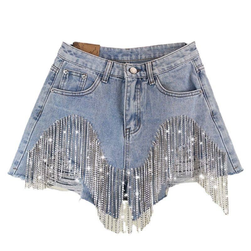 Midnight Rodeo Rhinestone Fringe Denim Shorts